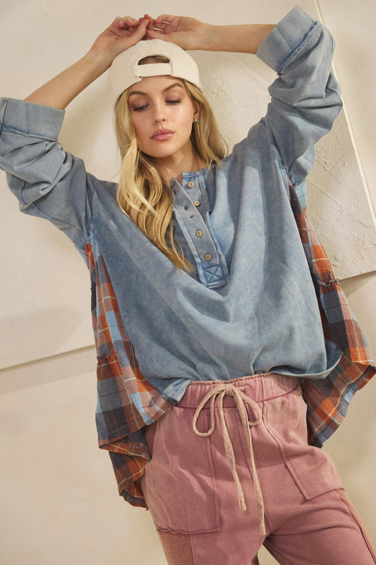 Bluebird Plaid Contrast Top
