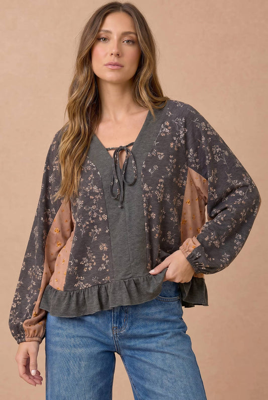 Charcoal & Mauve Floral Tie-Neck Peplum Top