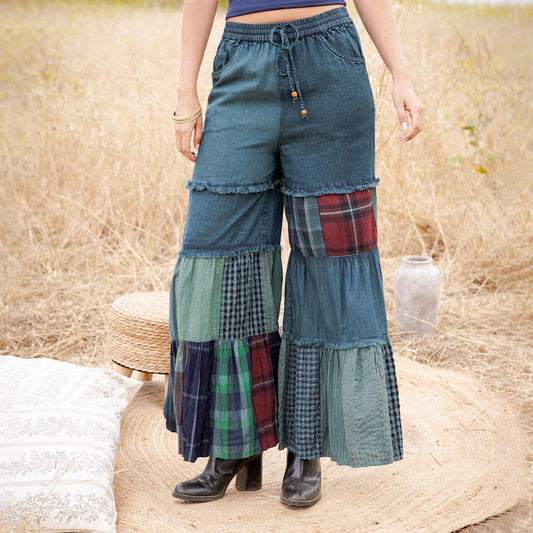 Vintage Mixed Print Denim Patchwork Pants - Frayed Hem