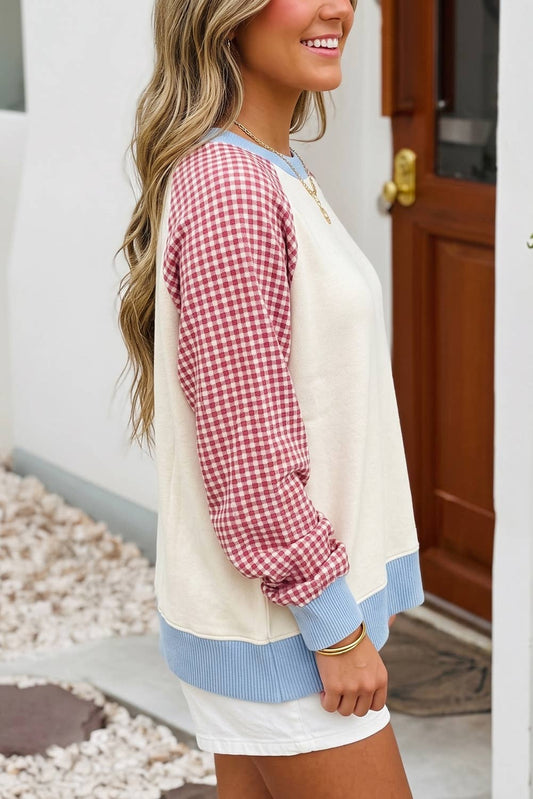 Plaid Sleeve Colorblock Raglan Pullover Sweatshirt