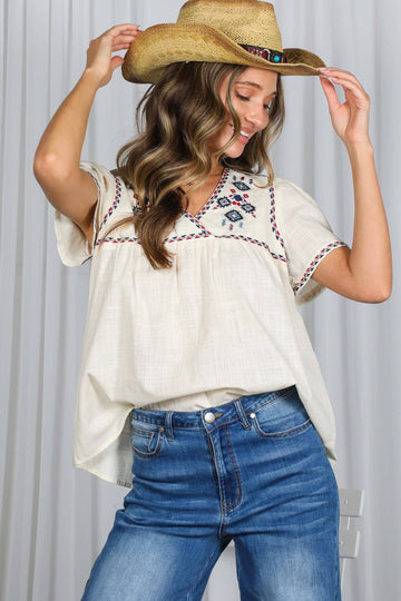 Aztec-Inspired V-Neck 100% Cotton Blouse Top