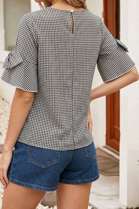 Plaid Bow Ruffled Half Sleeve Round Neck Blouse