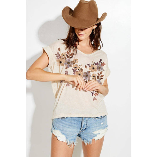 Fall floral print v neck short sleeve top