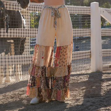 Boho Ruffled Tiered Wide Leg Knit & Print Pants- Ranch Pants