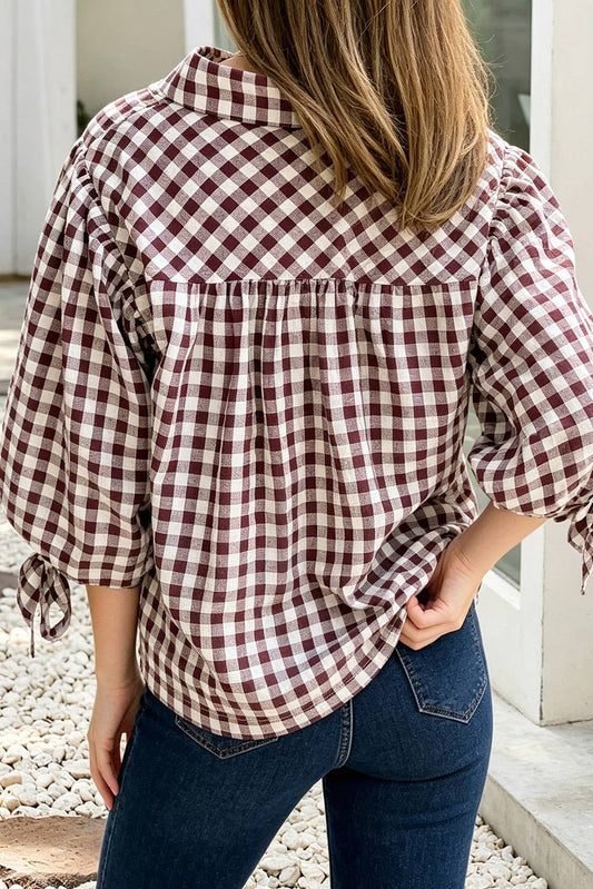 Plaid Knot Half Sleeve Button Down Shirt