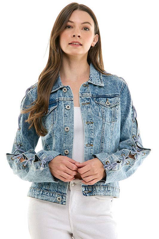 Denim Jacket with Lace on Sleeve