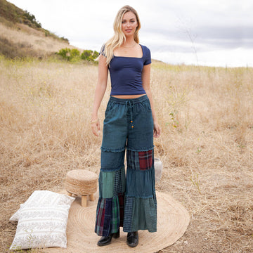 Vintage Mixed Print Denim Patchwork Pants - Frayed Hem
