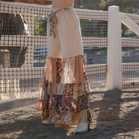 Boho Ruffled Tiered Wide Leg Knit & Print Pants- Ranch Pants
