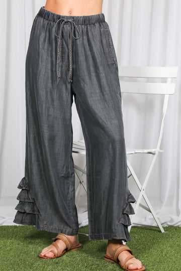 Flared Ruffle Hem Washed Chambray Crop Denim Pants