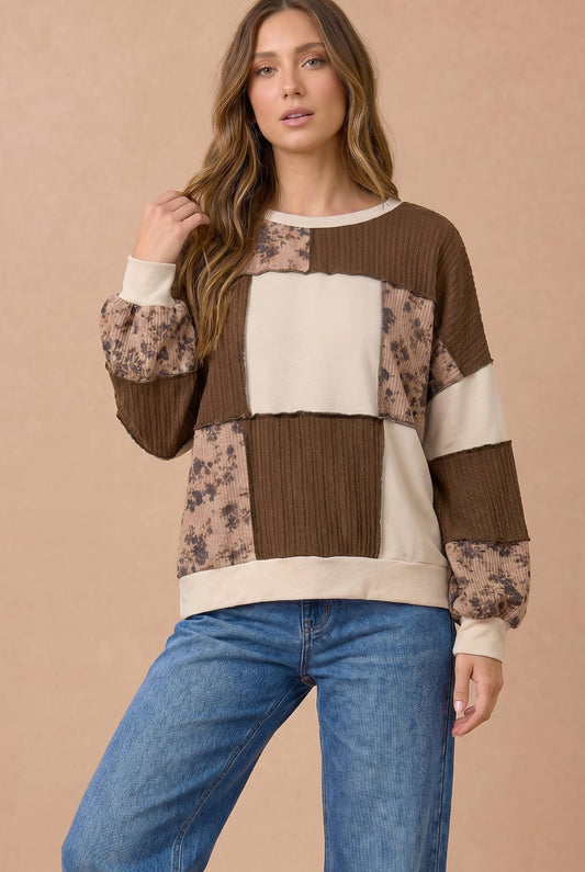 Gather & Bloom Floral Cable Knit Patchwork Top