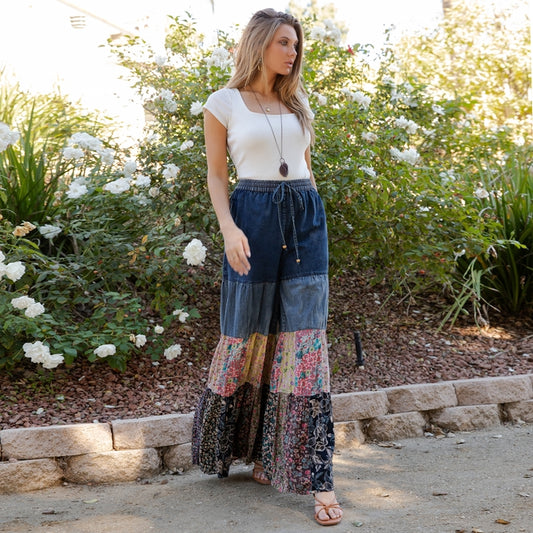 Artisan Flax 4-Tier Denim Patchwork Wide Leg Pants