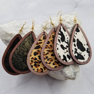 Cow Hair On Leather Wooden Earrings
