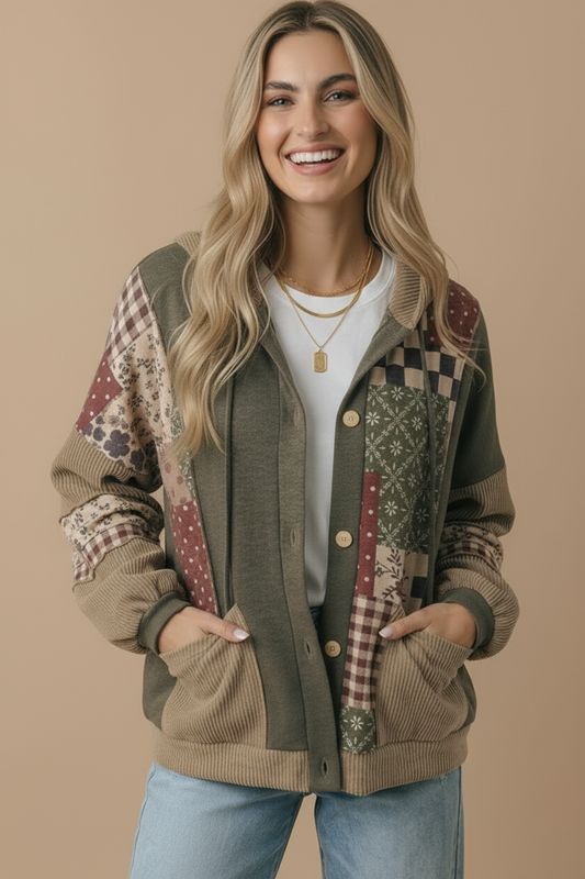 Cozy Wanderer Patchwork Button-Down Hoodie