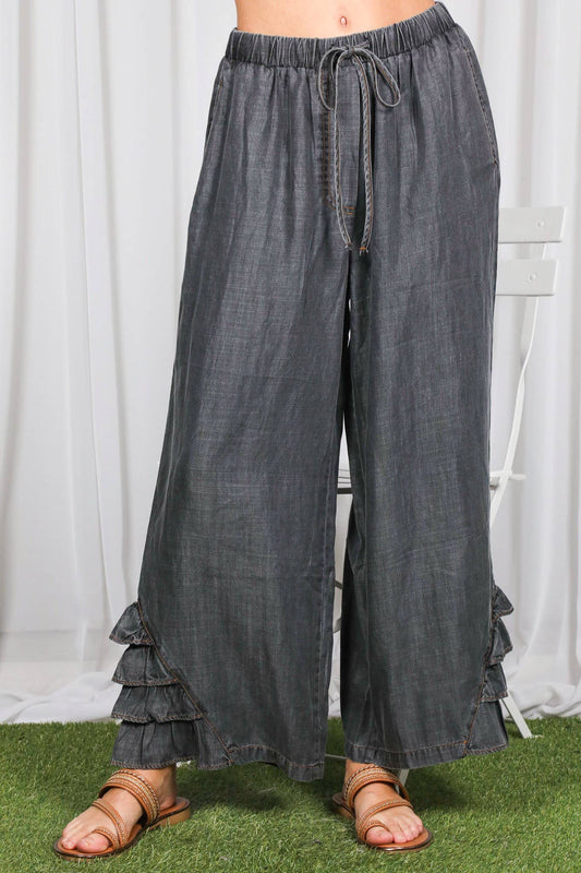Flared Ruffle Hem Washed Chambray Crop Denim Pants