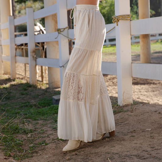 4-Tier Denim Patchwork Wide Leg Pants-Natural