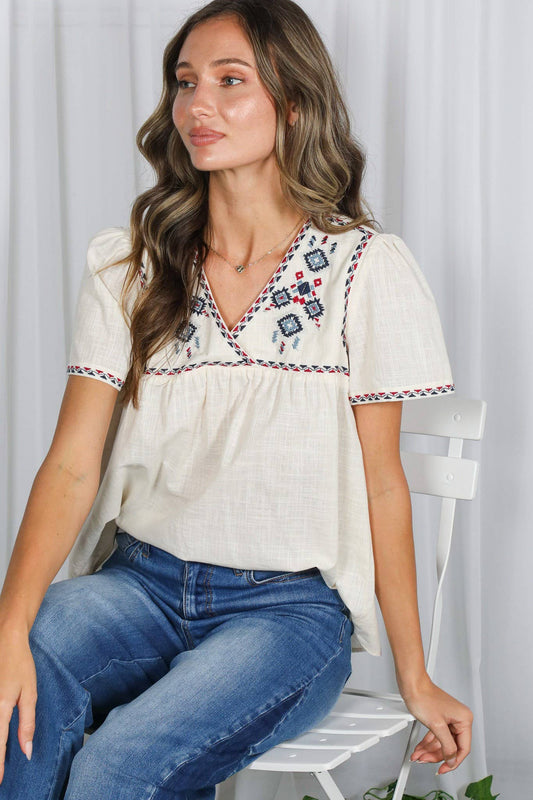 Aztec-Inspired V-Neck 100% Cotton Blouse Top