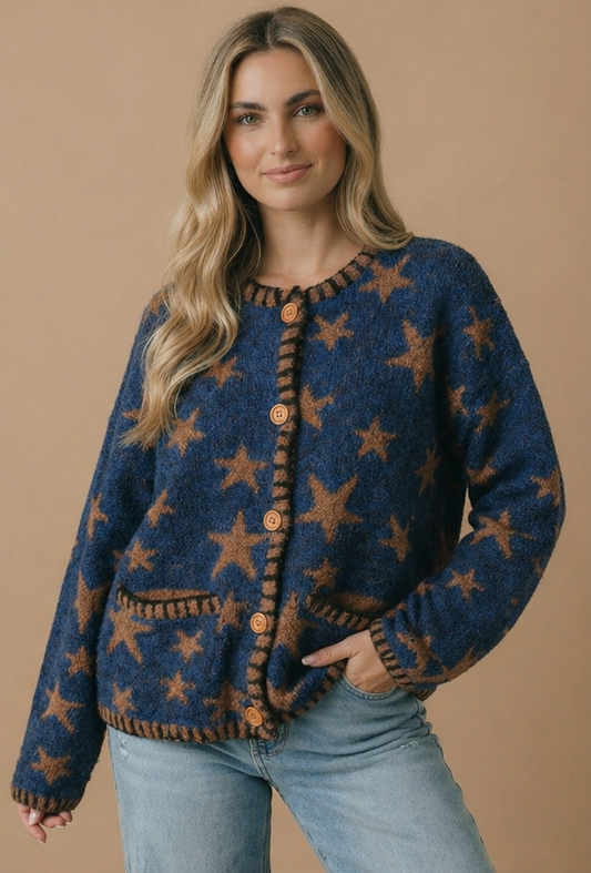 Button Down Star Jacquard Sweater Cardigan