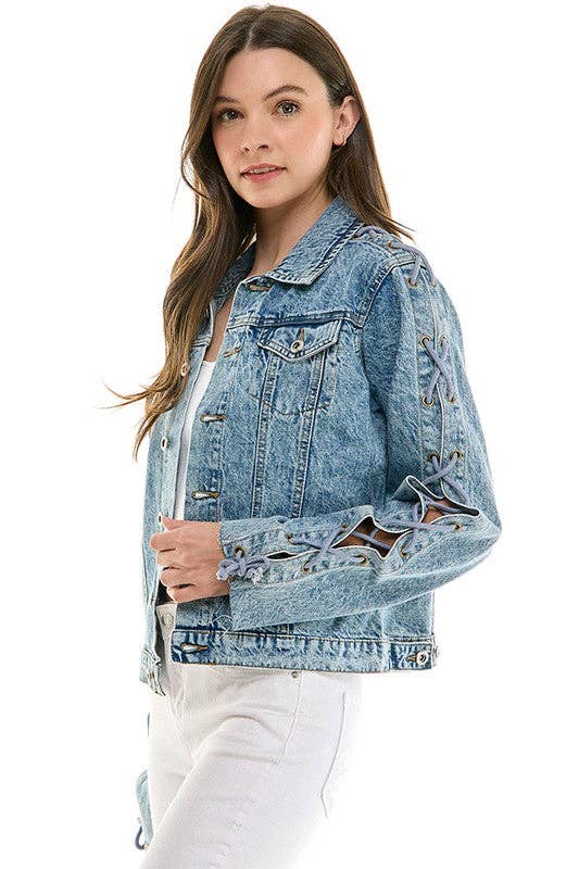 Denim Jacket with Lace on Sleeve