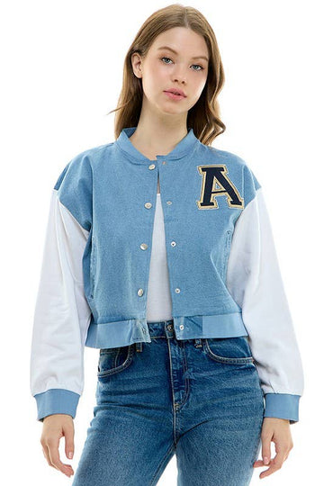 Women's Mineral-Washed Denim Baseball Jacket with Fleece Sleeves