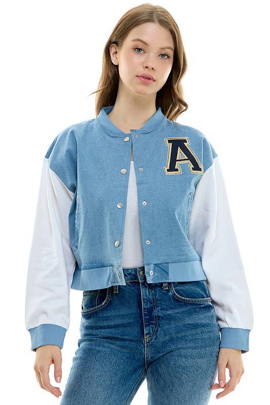 Women's Mineral-Washed Denim Baseball Jacket with Fleece Sleeves