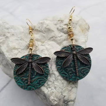 Vintage Patina Copper Dragonfly Earrings