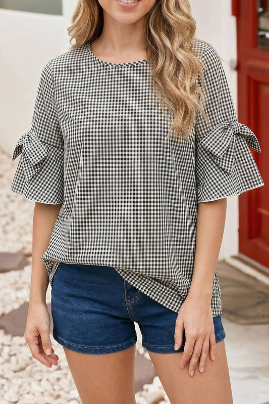 Plaid Bow Ruffled Half Sleeve Round Neck Blouse