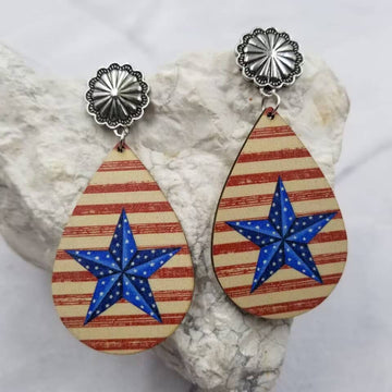 Patriotic Blue Star Stripes Wood Earrings