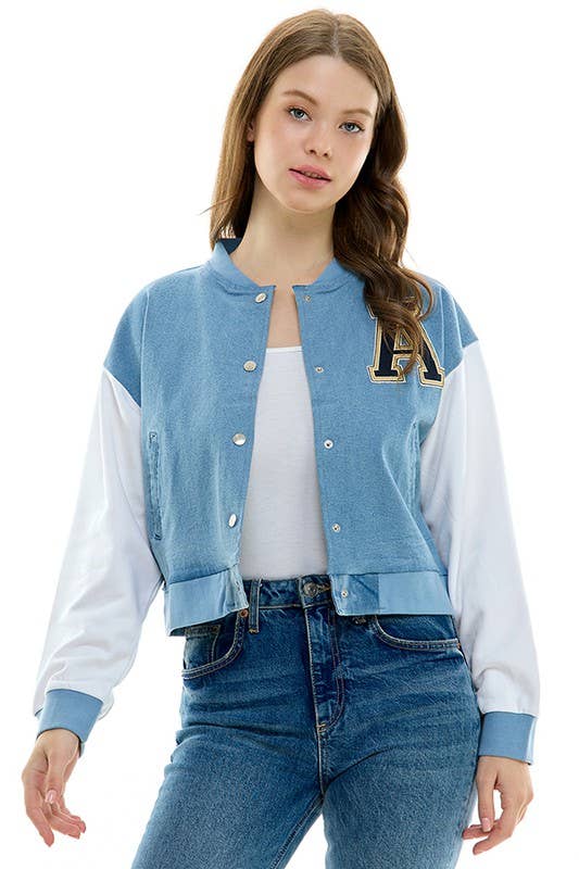 Women's Mineral-Washed Denim Baseball Jacket with Fleece Sleeves