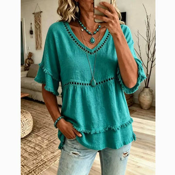 Boho Eyelet Trim V Neck Ruffle Sleeve Blouse