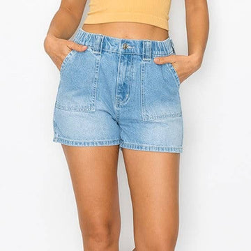 Elastic Waste Denim Shorts