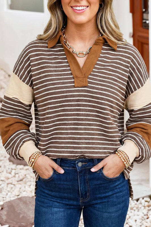 Color Block Detail Polo Neck Loose Pullover Sweatshirt