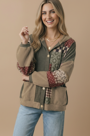 Cozy Wanderer Patchwork Button-Down Hoodie