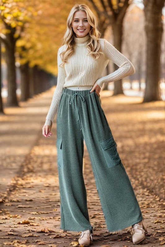 Solid Urban Ribbed Casual Pants