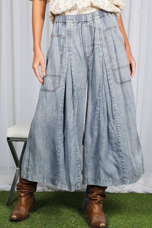 Pin-Tuck Detail 100%Tencel Chambray Cropped Pants