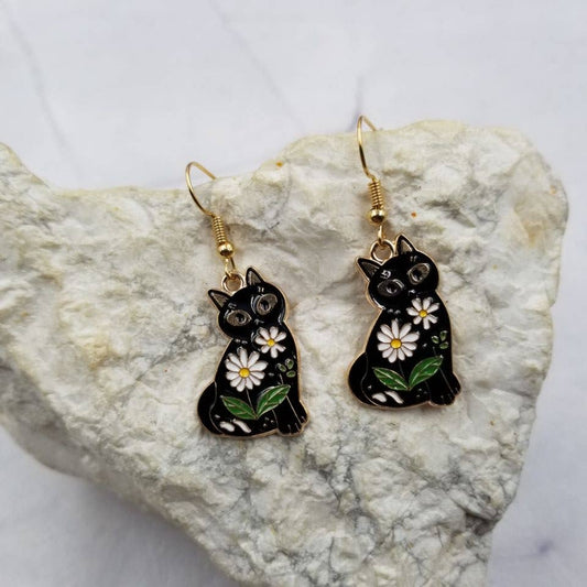 Mystic Pretty Floral Black Cat Earrings