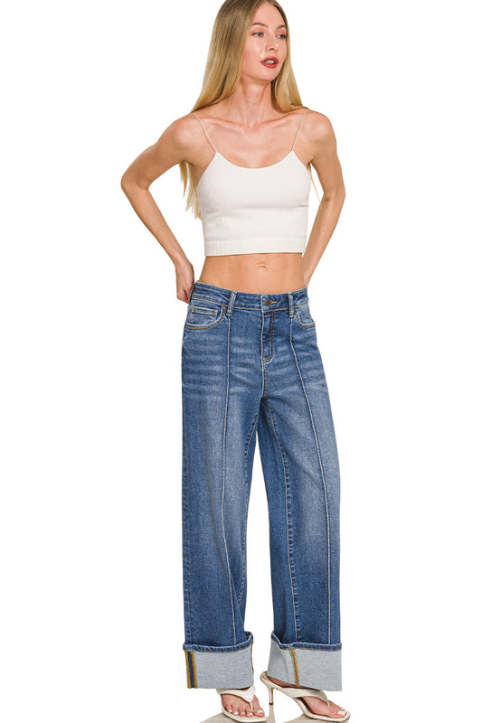 Cuffed Wide-Leg Pintuck Jeans
