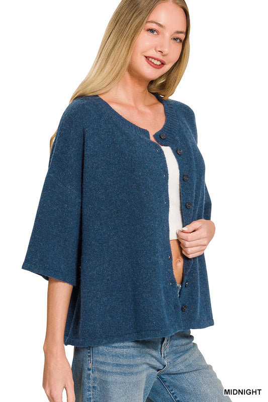 Wool Blend Half Sleeve Cardigan Sweater