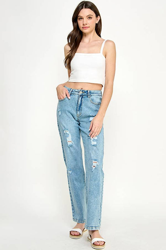 Distressed High Rise Stretch Mom Jeans