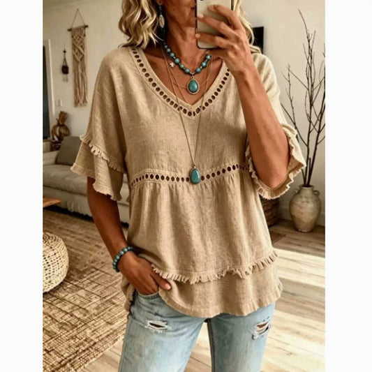 Boho Eyelet Trim V Neck Ruffle Sleeve Blouse