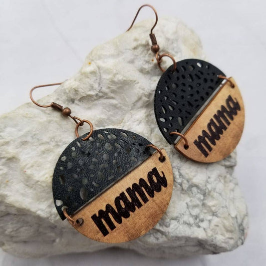 Mixed Leather Wood Mama Earrings - Mother's Day