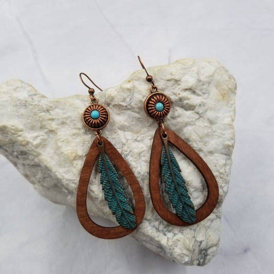 Boho Feather Wooden Teardrop Earrings - Handmade