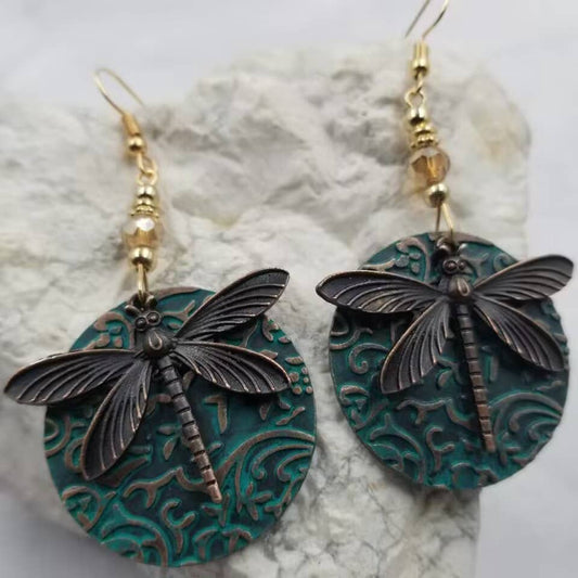 Vintage Patina Copper Dragonfly Earrings