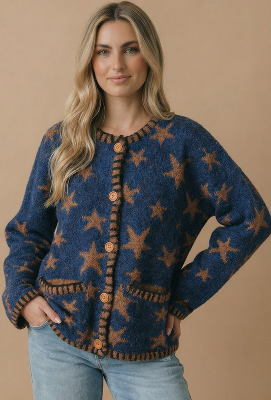 Button Down Star Jacquard Sweater Cardigan