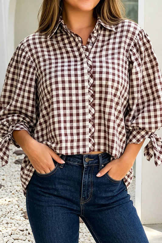 Plaid Knot Half Sleeve Button Down Shirt