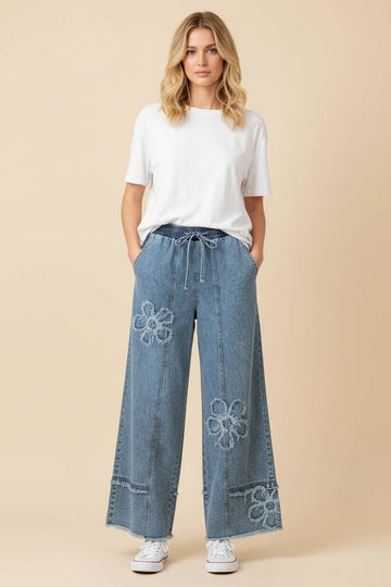 HP40018 Floral Appliqué Drawstring Wide Leg Denim Pants
