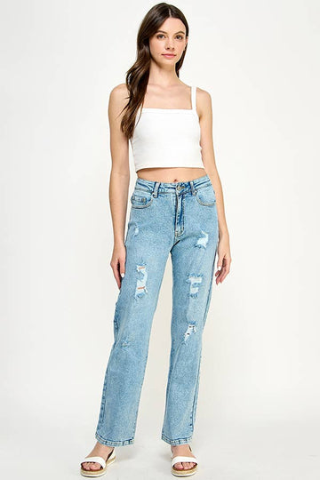 Distressed High Rise Stretch Mom Jeans