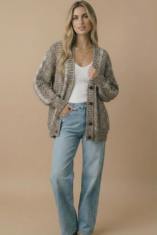 Cozy Company Two-Tone Oversized Cable Knit Cardigan
