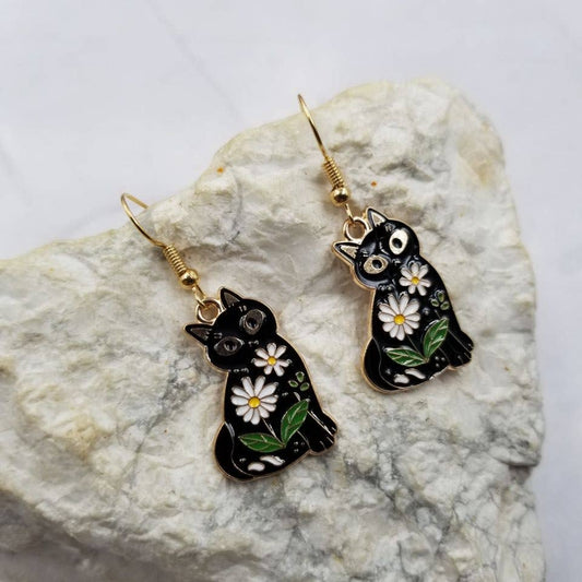 Mystic Pretty Floral Black Cat Earrings