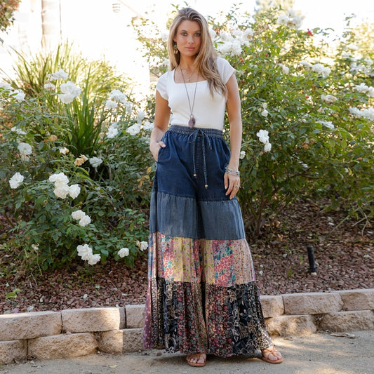 Artisan Flax 4-Tier Denim Patchwork Wide Leg Pants
