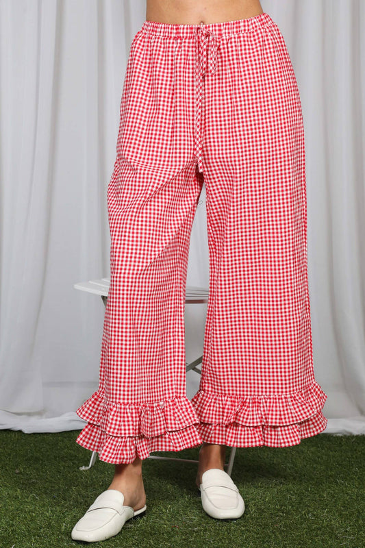 Gingham Casual Ruffled Hem 100%Cotton Cropped Pants VP83379A